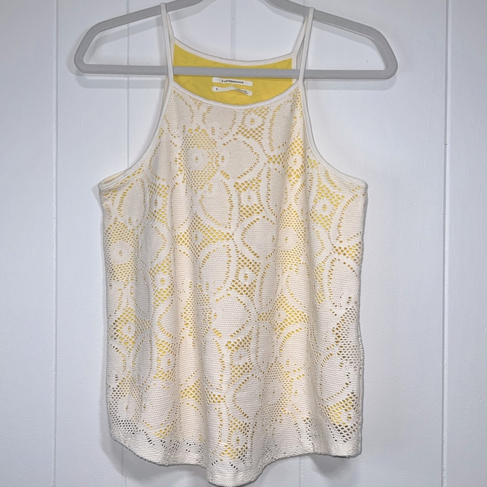 Anthropologie Cream Crochet Overlay Tank with Yellow Lining